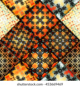 Abstract seamless patchwork pattern. Arabic tile texture with geometric and floral ornaments. Decorative elements for textile, book covers, print, gift wrap. Vintage boho style. Vector illustration.