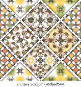 Abstract seamless patchwork pattern. Arabic tile texture with geometric and floral ornaments. Decorative elements for textile, book covers, print, gift wrap. Vintage boho style. Vector illustration.