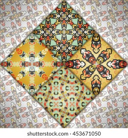 Abstract seamless patchwork pattern. Arabic tile texture with geometric and floral ornaments. Decorative elements for textile, book covers, print, gift wrap. Vintage boho style. Vector illustration.