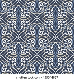 Abstract seamless patchwork pattern with geometric and floral ornaments, stylized flowers, and lace. Ornamental filigree eastern motifs.Vintage boho style. Vector illustration