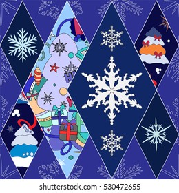 abstract seamless patchwork tile with christmas ornament.winter pattern with snowflakes 