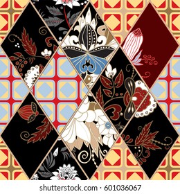 abstract seamless patchwork tile with floral ornament.arabic or orient pattern. vintage style