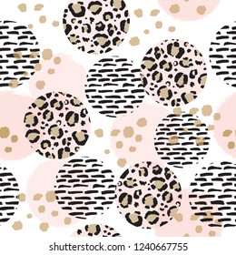 Abstract seamless patern with leopard circles, gold dots and other sketched elements