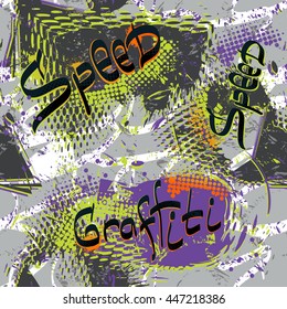 Abstract seamless patter for boys. Grunge urban background with speed, dots, shapes, bright colorful graffiti on grey backdrop. Creative modern wallpaper with neon colors shapes elements