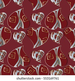 Abstract seamless pattern. 3d vector Love background. Luxury surface texture with love hearts and vintage love ornaments.Can be used for fabric, textile, card,wallpaper, cloth,banner.web sites.