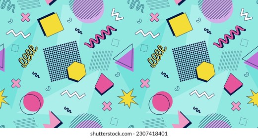 Abstract seamless pattern 80s 90s with geometric shapes in the Memphis style. Vector retro hipster print