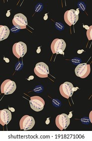 Abstract seamless pattern in A4 size. Aesthetic minimalist background for cover design, interiors, web, social networks. Trendy bright illustration with leaves, plants, dots, thin lines.