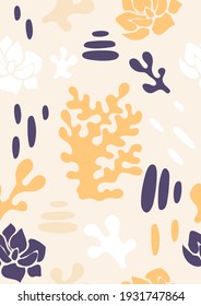 Abstract seamless pattern in A4 size. Aesthetic minimalist background for cover design, interiors, web, social networks. Fashionable bright illustration with shapes, doodles, flowers, plants, leaves.