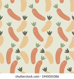 Abstract seamless pattern. Aesthetic minimalist vegetable background for cover design, interiors, web, social networks. Fashionable bright carrot with leaves, doodles, geometric shapes.