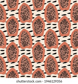 Resumen de patrón sin fisuras de fondo estético minimalista para diseño de portada, interiores, web, redes sociales. Ilustración vectorial brillante de moda con papaya, garabatos, puntos, líneas, trazos de pincel.