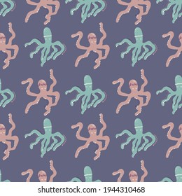 Abstract seamless pattern. Aesthetic minimalistic background for cover design, interiors, internet, social networks. Fashionable bright vintage illustration with hand drawn octopuses, flowers, dots.