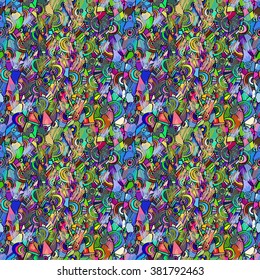 Abstract seamless pattern in African style, hand drawn illustration. Ornament of bright cheerful shapes, vector.