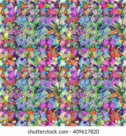 Abstract seamless pattern in African style, hand drawn illustration. Ornament of bright cheerful shapes, vector.