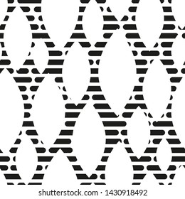 Abstract seamless pattern Against the background of black stripes are white objects of ellipsoidal shape. Black and white print for textiles. Vector illustration.