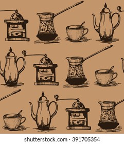 Abstract seamless pattern of ancient coffee service. Vector illustration