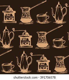 Abstract seamless pattern of ancient coffee service. Vector illustration