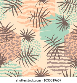 Abstract seamless pattern with animal print, tropical plants and geometric shapes. Trendy hand drawn textures. Modern abstract design for paper, cover, fabric, interior decor and other users