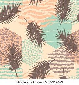 Abstract seamless pattern with animal print, tropical plants and geometric shapes. Trendy hand drawn textures. Modern abstract design for paper, cover, fabric, interior decor and other users
