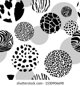 Abstract seamless pattern with animal print and gray circles. Trendy retro textures. Modern abstract design for fabric, paper, cover,  interior decor and other users.