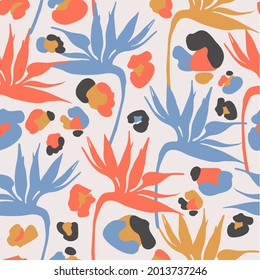 Abstract seamless pattern with animal print texture, colorful tropical flowers silhouette. Contemporary collage art. Modern vector illustration for fabric, wrapping texture, textile, wallpaper