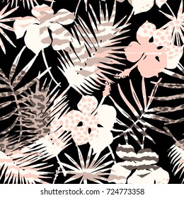 Abstract seamless pattern with animal print, tropical plants and geometric shapes. Trendy hand drawn textures. Modern abstract design for paper, cover, fabric, interior decor and other users