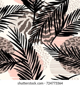 Abstract seamless pattern with animal print, tropical plants and geometric shapes. Trendy hand drawn textures. Modern abstract design for paper, cover, fabric, interior decor and other users