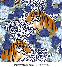 Abstract seamless pattern. Animal print with tiger and flower. Vector illustration