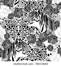 Abstract seamless pattern. Animal print with tiger and flower. Vector illustration