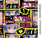 Abstract seamless pattern with anime girl. Kawaii woman repeat print. Girlish trendy style design with. girlish fashion repeat print.