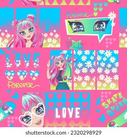 Abstract seamless pattern with anime girl, flowers, butterflies, text Love forever, heart, skateboard. Kawaii woman repeat print. Girlish trendy style design with. Teenager cover ornament