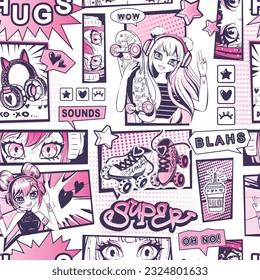 Abstract seamless pattern with anime girl, eyes, gamepad, headphones, skateboard, roller skates, speech bubble with text, hearts, stars sign. Teenager repeat print. Girlish fashion ornament.