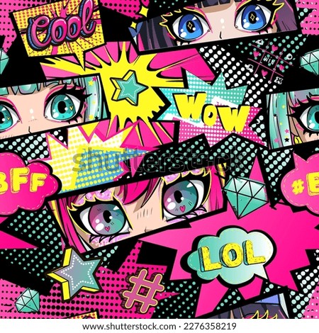 Abstract seamless pattern with anime girl eyes, comics speech bubble, cartoon elements, lettering phrases. Comic background with manga girls faces. Kawaii teenager print. Endless girlish ornament