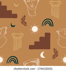 Abstract seamless pattern with antique elements,Greek sculpture, pillar, shapes, sun, moon, leaves. Minimal line drawing and hand drawn illustrations.