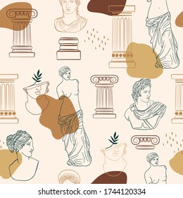 Abstract seamless pattern and antique elements Greek Gods   Goddess sculpture drawing  pillar  shapes  sun  moon  leaves  Minimal line art   hand drawn illustrations 