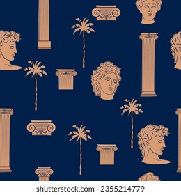 Abstract seamless pattern with antique elements,Greek Gods and Goddess sculpture drawing, pillar, shapes, palm. Minimal line art and hand drawn illustrations.