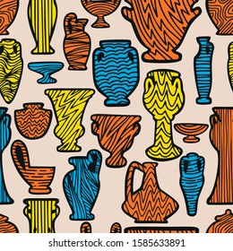 Abstract seamless pattern with antique vases. Vintage objects crockery background. Greek and roman amphoras and vessels for food, wine, grain, oil and incense. Clay dishes with decorative ornament. 
