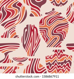 Abstract seamless pattern with antique vases. Vintage objects crockery background. Greek and roman amphoras and vessels for food, wine, grain, oil and incense. Clay dishes with decorative ornament. 