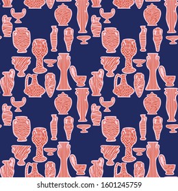 Abstract seamless pattern with antique vases. Vintage crockery objects background. Greek and roman amphoras and vessels for food, wine, grain, oil and incense. 