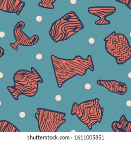 Abstract seamless pattern with antique vases. Vintage objects crockery background. Greek and roman amphoras and vessels for food, wine, grain, oil and incense. Clay dishes with decorative ornament.