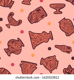 Abstract seamless pattern with antique vases. Vintage objects crockery background. Greek and roman amphoras and vessels for food, wine, grain, oil and incense. Clay dishes with decorative ornament.