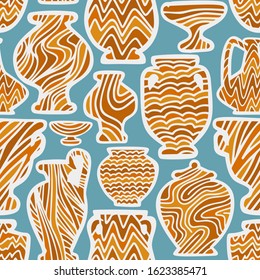 Abstract seamless pattern with antique vases. Vintage objects crockery background. Greek and roman amphoras and vessels for food, wine, grain, oil and incense. Clay dishes with decorative ornament.
