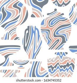 Abstract seamless pattern with antique vases. Vintage objects crockery background. Greek and roman amphoras and vessels for food, wine, grain, oil and incense. Clay dishes with decorative ornament.