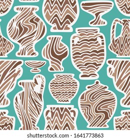 Abstract seamless pattern with antique vases. Vintage objects crockery background. Greek and roman amphoras and vessels for food, wine, grain, oil and incense. Clay dishes with decorative ornament.