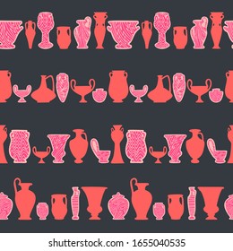 Abstract seamless pattern with antique vases. Vintage objects crockery background. Greek and roman amphoras and vessels for food, wine, grain, oil and incense. Clay dishes with decorative ornament.