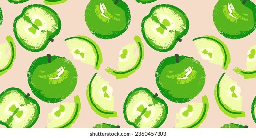 Abstract seamless pattern with аpple and apple slices.  Stylized vector hand drawn fruits. Summer fruits background. Template for textile, fashion, print, surface design, paper, cover, fabric