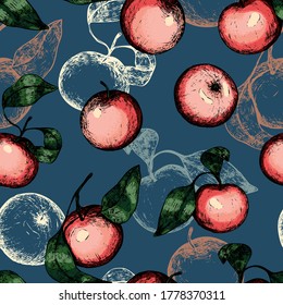 Abstract seamless pattern of apples with leaves. Hand drawn vector illustration. Autumn fruits background in vintage style. Colorful design for wallpaper, prints, card, texture, textile, wrap, fabric.