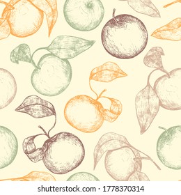 Resumen del patrón transparente de manzanas con hojas. Ilustración vectorial dibujada a mano. El fondo del otoño es de estilo vintage. Diseño colorido para papel de pared, impresiones, tarjeta, textura, envoltura, tela.