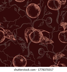 Resumen del patrón transparente de manzanas con hojas. Ilustración vectorial dibujada a mano. El fondo del otoño es de estilo vintage. Diseño colorido para papel de pared, impresiones, tarjeta, textura, envoltura, tela.