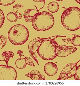 Abstract seamless pattern of apples with leaves. Hand drawn vector illustration. Autumn fruits background in vintage style. Colorful design for wallpaper, prints, card, texture, textile, wrap, fabric.