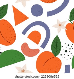 Abstract seamless pattern with apricots and geometric shapes. Vector illustration.